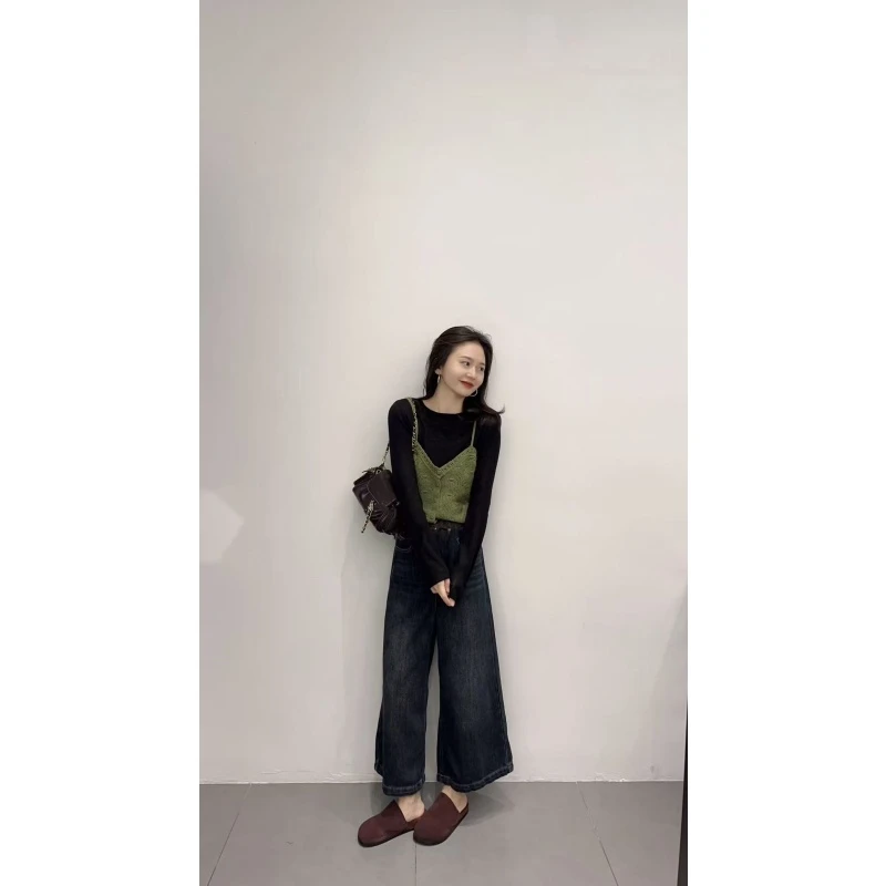 2026秋季新款韩系简约针织吊带背心女叠穿黑色打底衫牛仔裤三件套