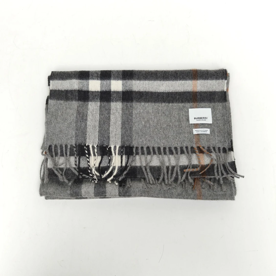 99新 BURBERRY/博柏利 【小花黑黑】 灰色 山羊绒 格纹 围巾