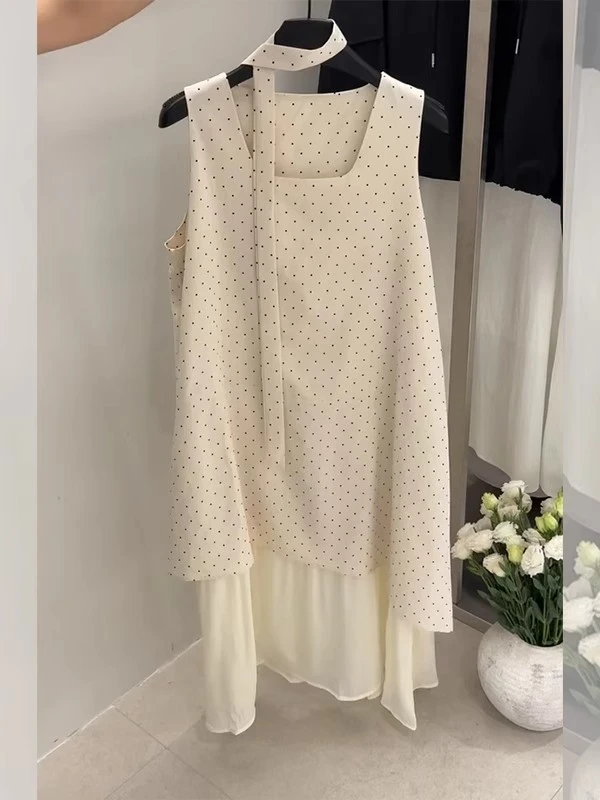 法式超仙减龄波点连衣裙2025夏季女装新款时尚拼接无袖显瘦背心裙