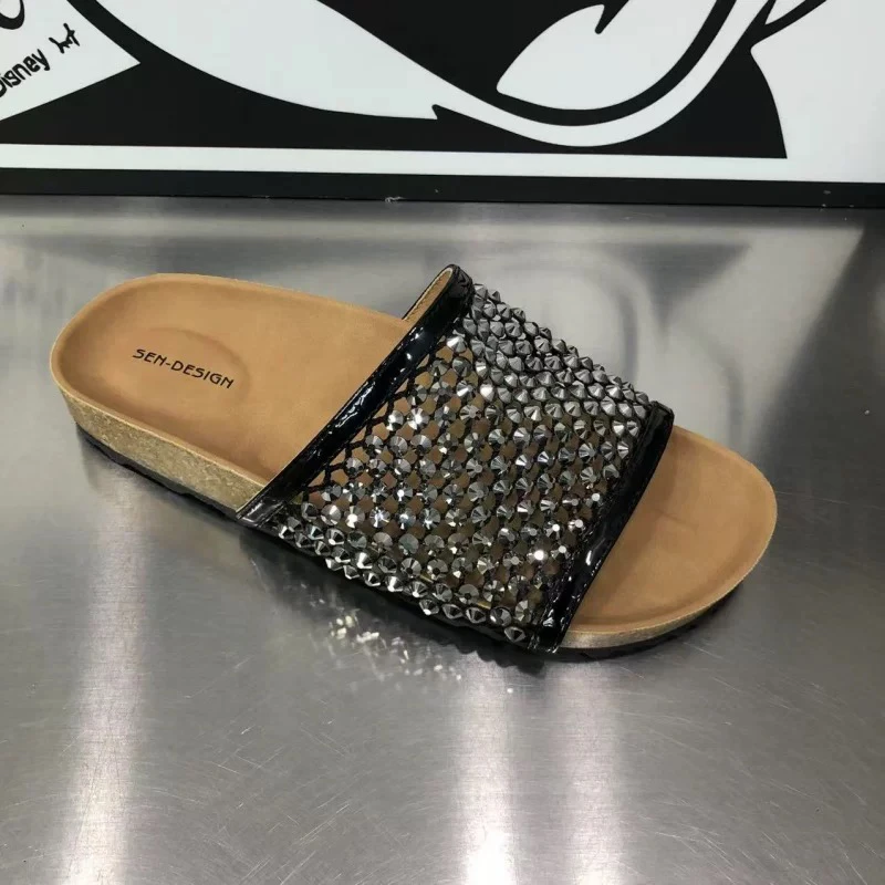 5006夏季新款网红手工水钻渔网厚底拖鞋外穿时尚沙滩一字凉拖鞋潮
