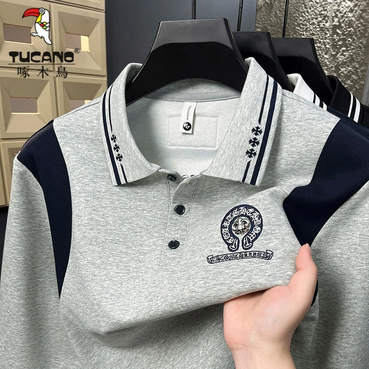 啄木鸟春秋翻领长袖T恤抗皱内搭黑色中年打底衫男印花休闲POLO衫