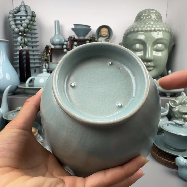 摆件汝瓷莲瓣深腹洗支钉烧仿古釉大瑕