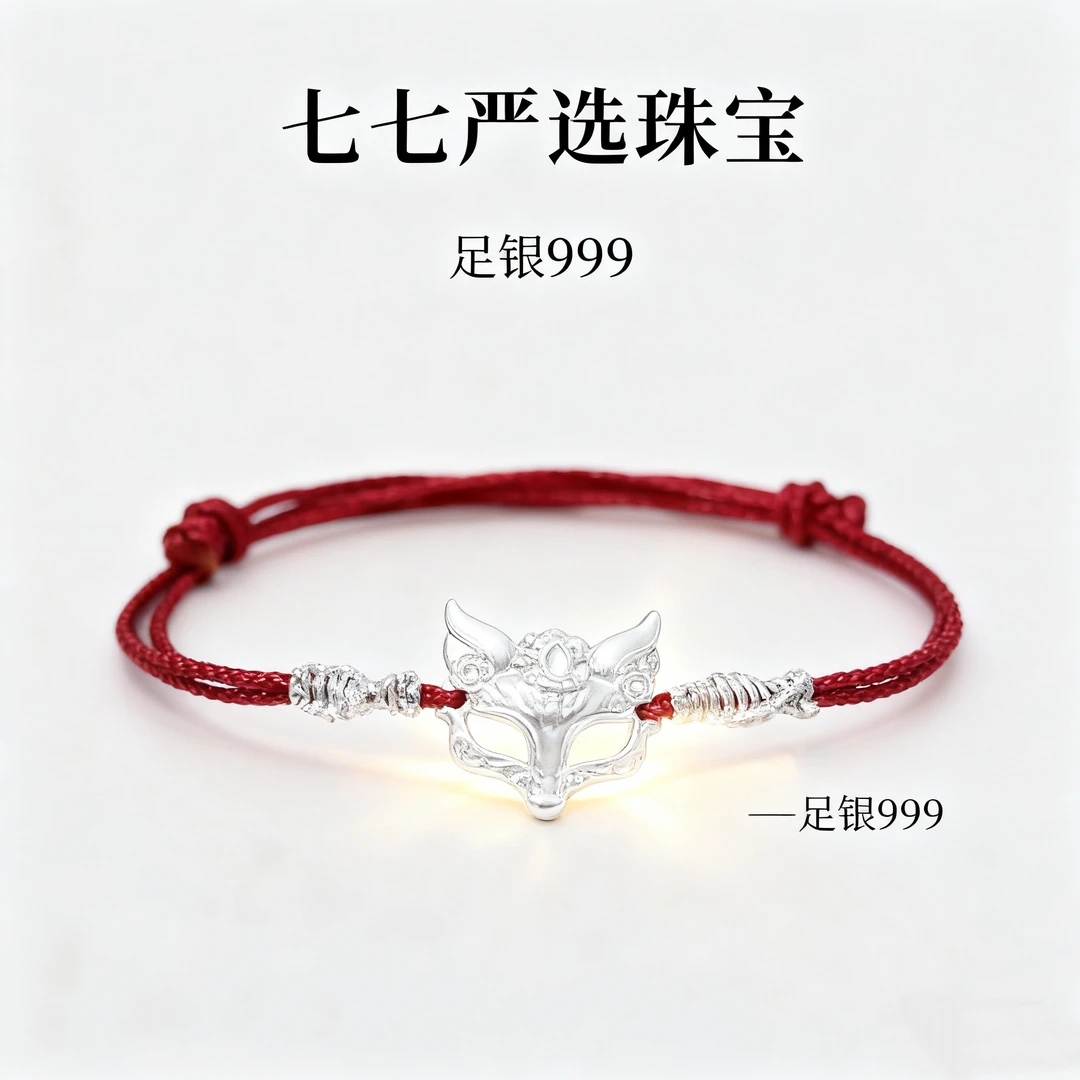 足银手链 【七七严选珠宝】s999足银银色狐狸面具手绳TQ
