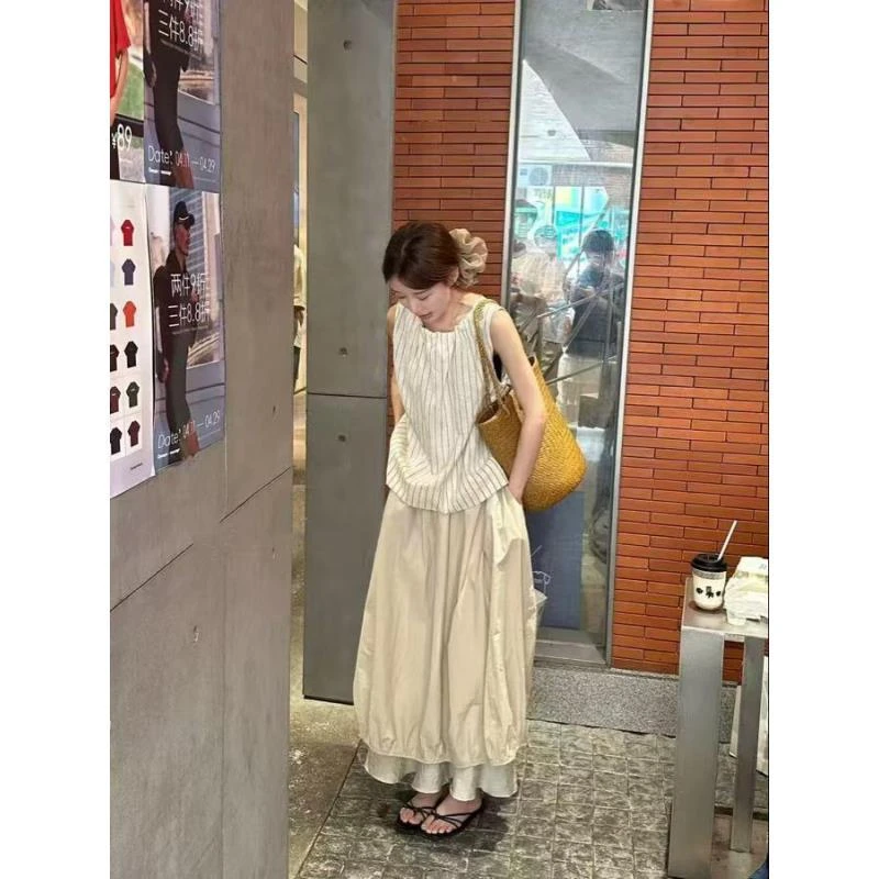 JIAHUI韩系夏日穿搭套装条纹吊带背心上衣女夏季裙子半身裙两件套