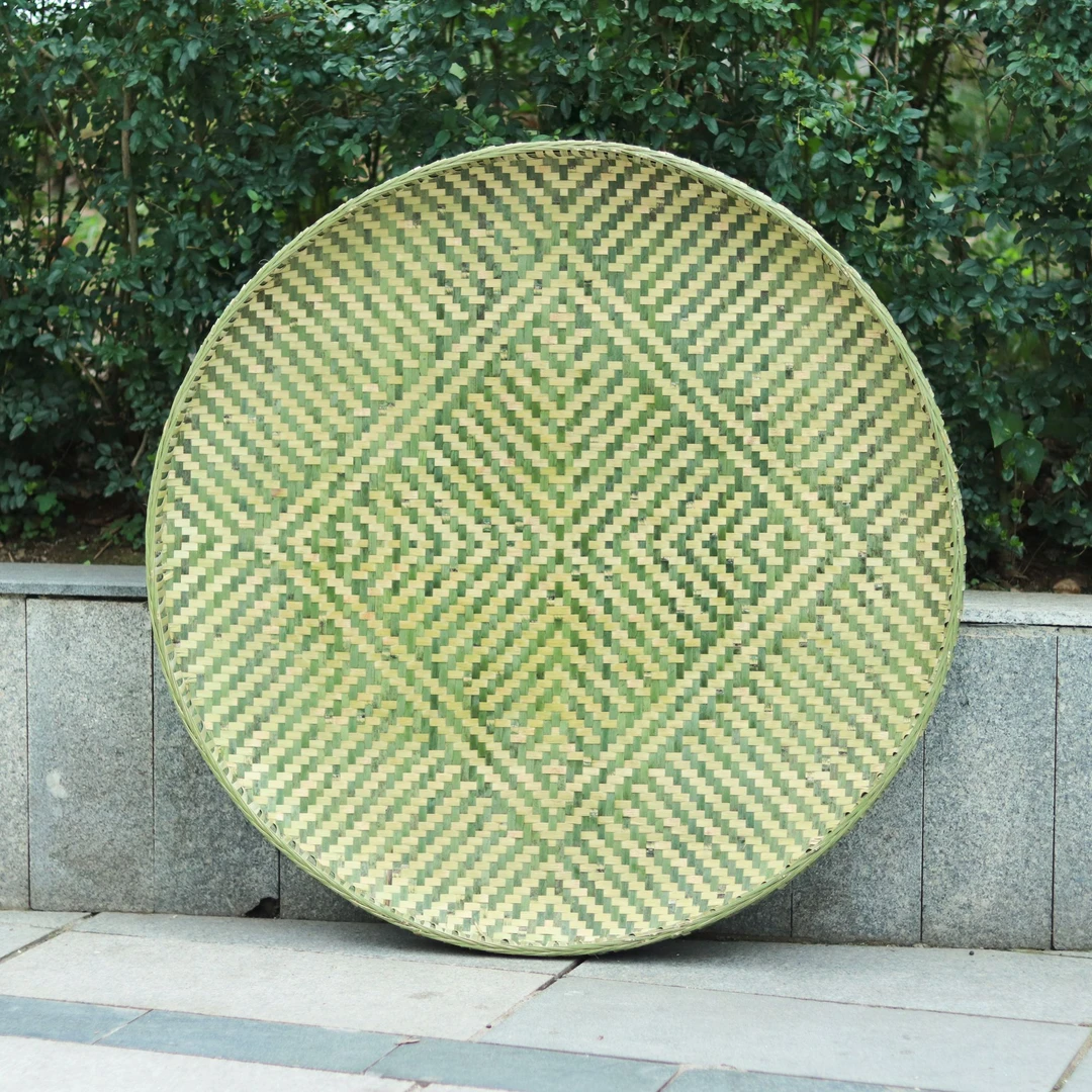 直径90cm花纹簸箕精品纯手工编织晾晒粮食干货大尺寸圆形锁边晒盘