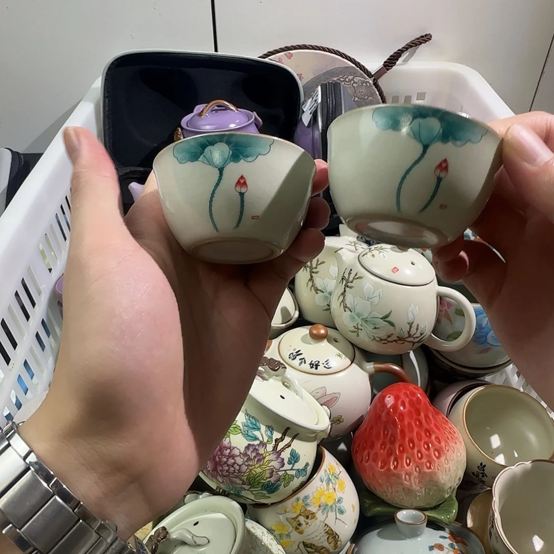 汝窑开片荷花品茗杯两只装