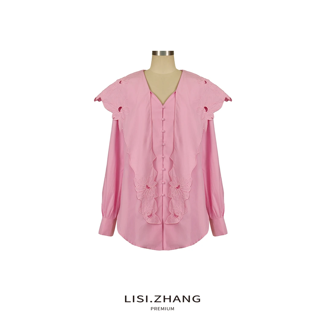 LISI.ZANG--【荷叶边衬衫】刺绣镂空可打结飘带荷叶领宽松衬衣