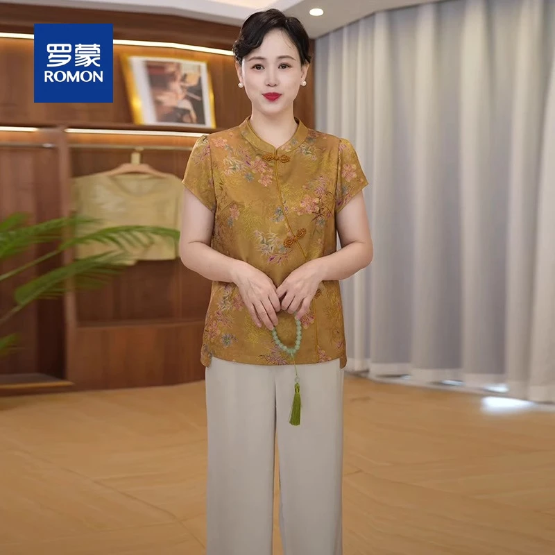 罗蒙妈妈装夏装新中式印花小衫套装中老年女装复古旗袍上衣两件套