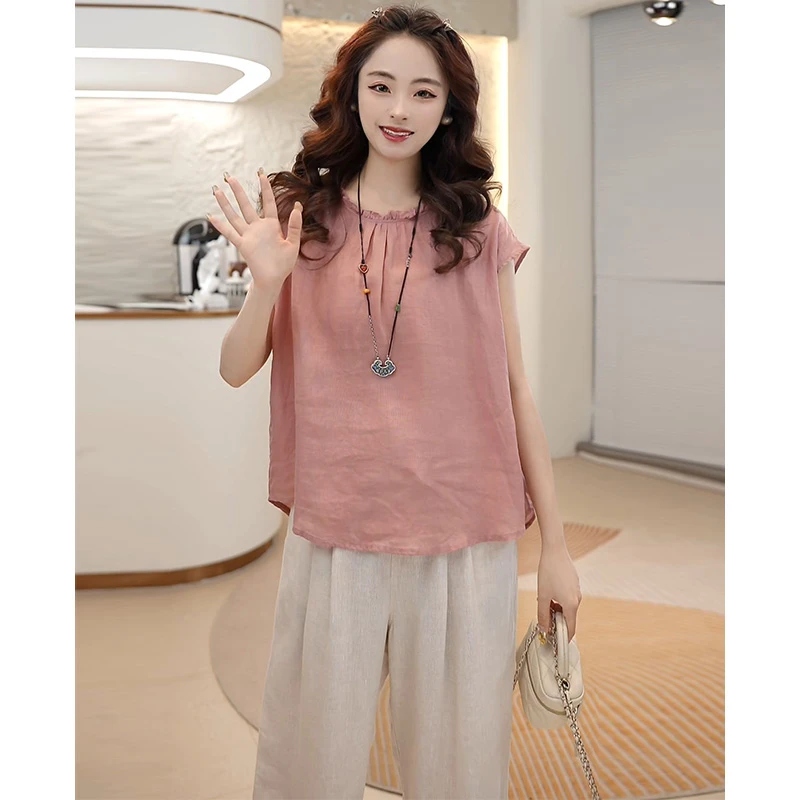 夏季女士轻奢苎麻无袖上衣休闲百搭时尚宽松简约小众T恤M34-24216