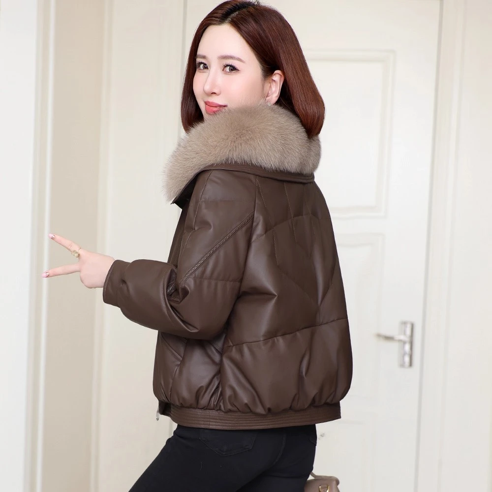 2025冬新款狐狸毛领皮草外套海宁皮衣绵羊皮夹克真皮羽绒服女短款