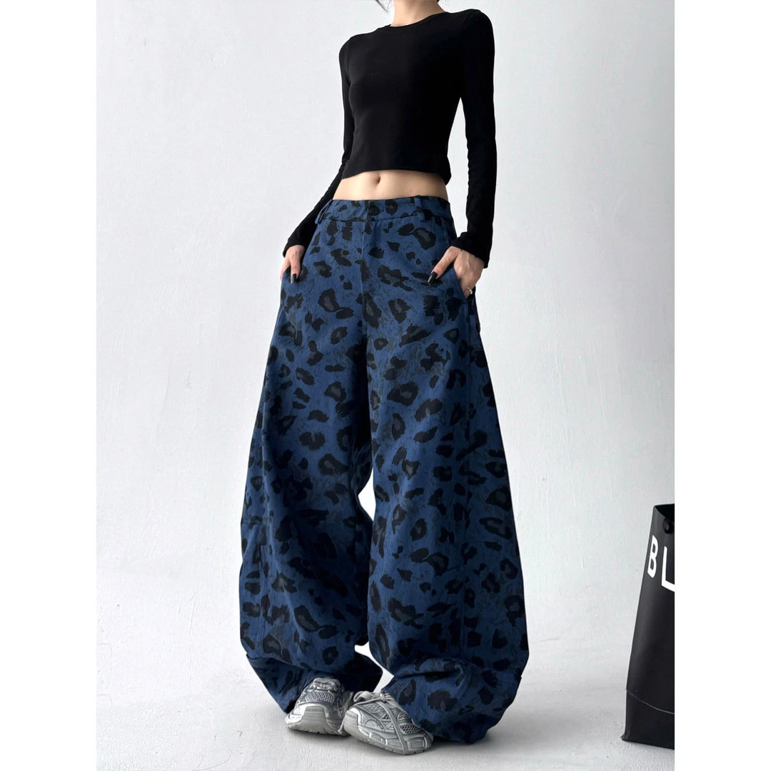 美式豹纹牛仔裤女2025秋季新款宽松显瘦百搭直筒阔腿拖地长裤子潮