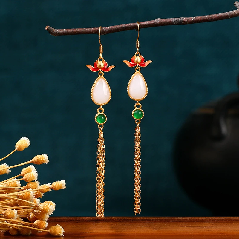 合金珐琅耳饰 高颜饰品中国风古法镀金好运莲莲水滴流苏耳饰耳环