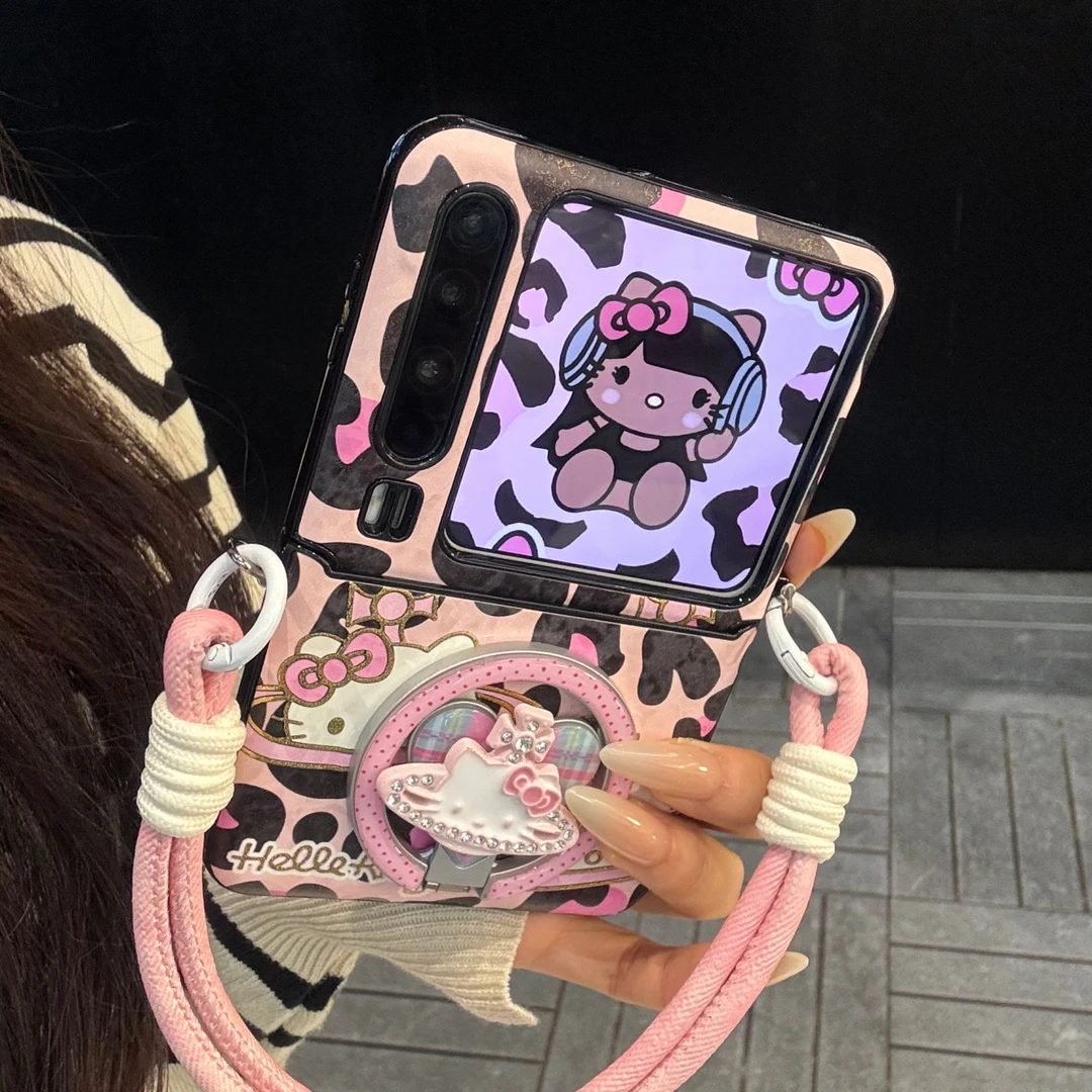 适用华为purax折叠屏手机壳粉色皮质pocket2豹纹星球kt猫磁吸支架