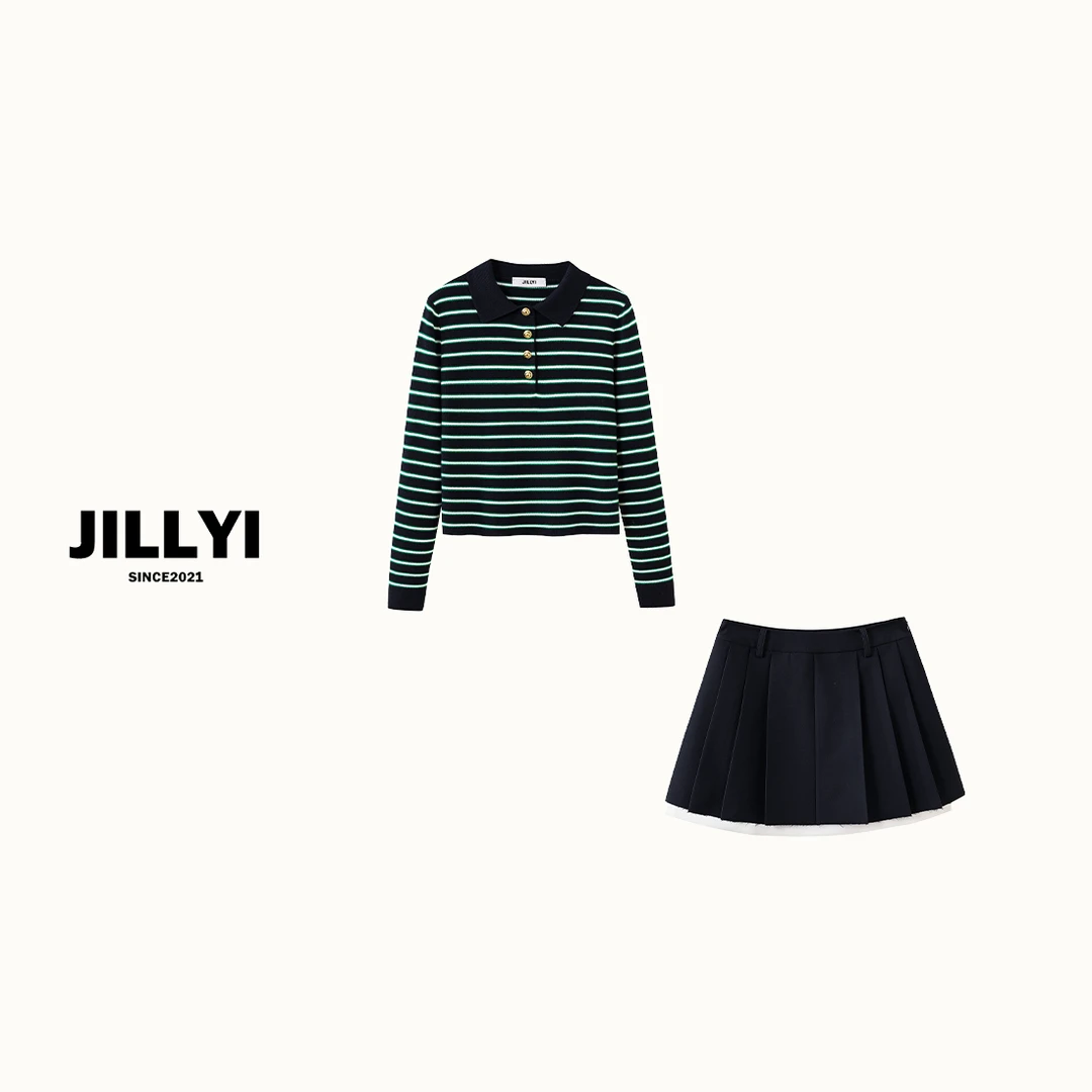 JILLYI南山店【条纹森林】+【秋季漫游】绿条纹针织衫+深蓝色半裙套装