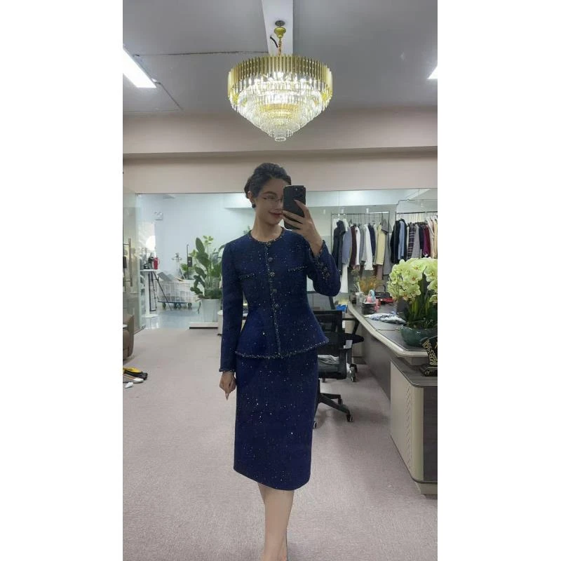 剀剀莉（权利诱惑薄款）高定重工手工花边蓝色气质名媛显瘦小香套装