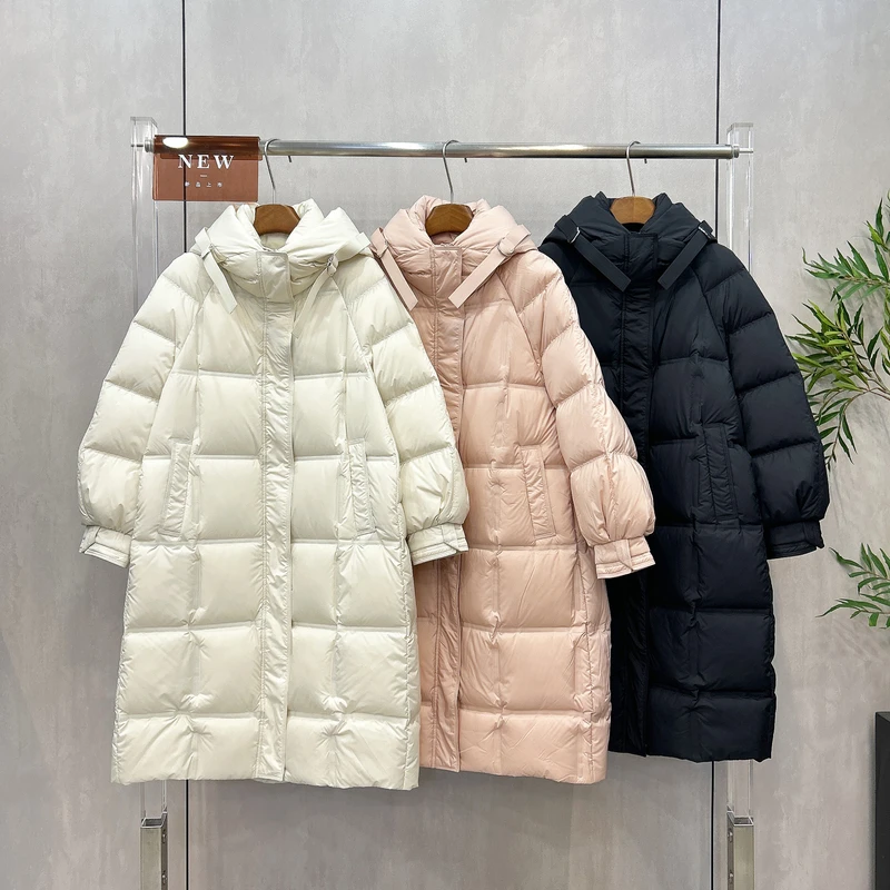中长款连帽羽绒服女冬季新时尚韩版加厚白鸭绒过膝保暖外套2S103