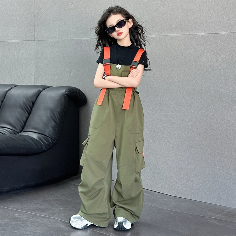 女童夏季背带裤2025新款裤子休闲工装裤大童美式炸街长裤连体裤潮