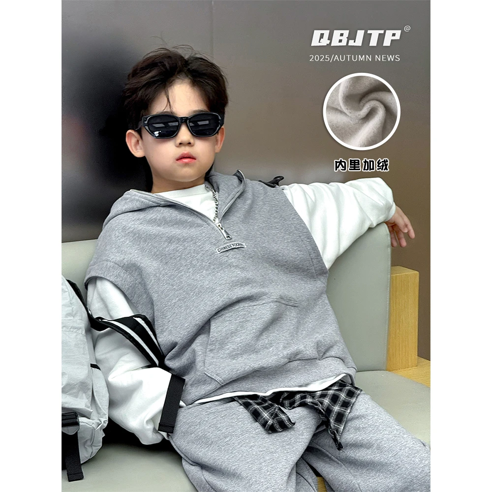 Q宝家童品10月新款 男童卫衣韩系儿童秋款假两件长袖T恤宝宝上衣