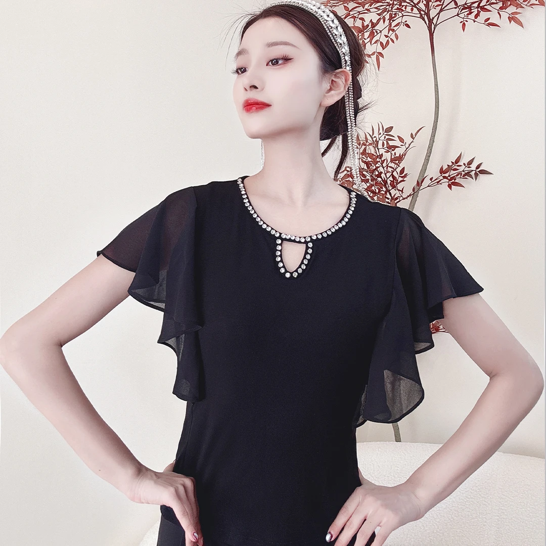 广场舞新款圆领钉珠短袖拉丁舞摩登舞练功服