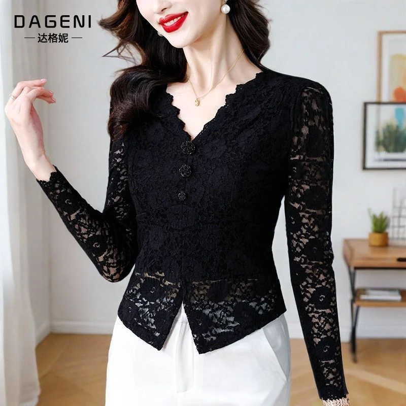 V领气质镂空长袖蕾丝衫女2025秋季新款修身显瘦内搭上衣洋气小衫