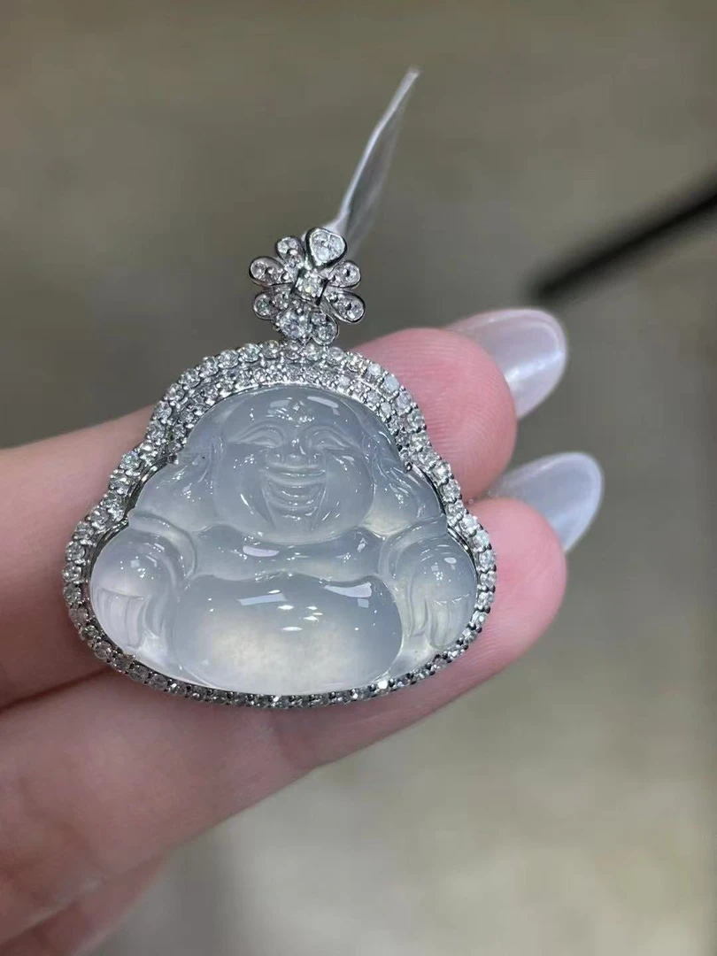 天然缅甸A货翡翠18K佛公冰透水润镶嵌女士饰品