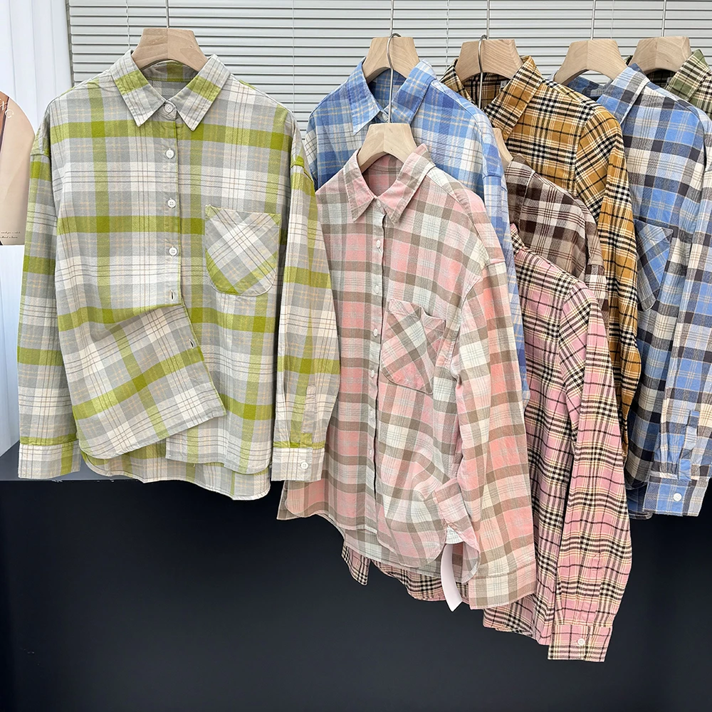 复古秋冬格子衬衫休闲宽松长袖衬衣外套22291