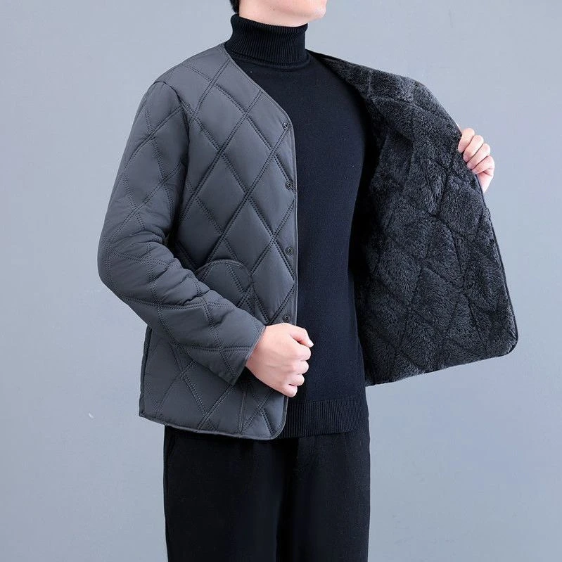 男士冬季加绒加厚棉衣保暖内胆外穿菱格大码宽松棉服同色绒学生装
