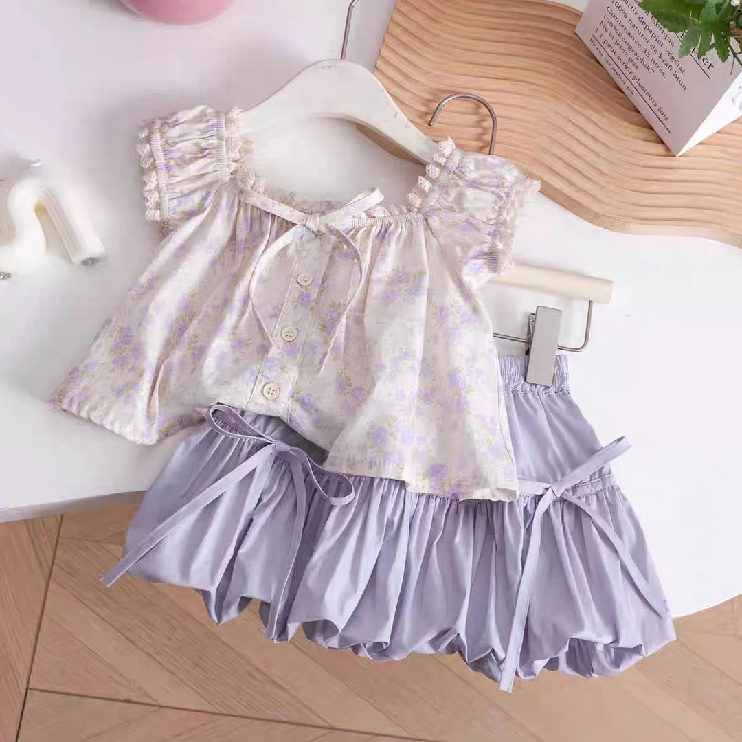 女童夏季套装2025新款韩版时尚洋气碎花短袖百搭灯笼裙两件套潮