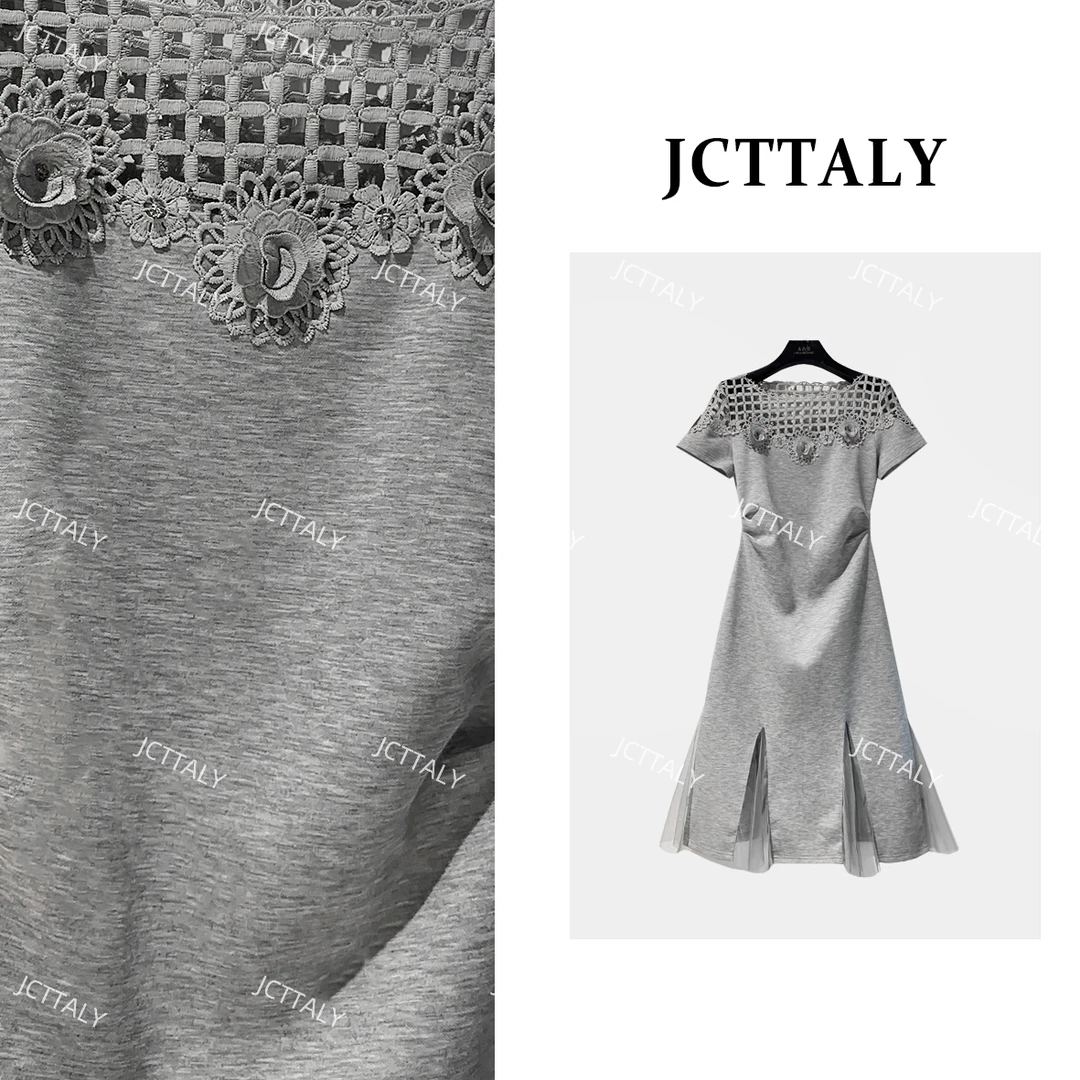 【宠粉价】灰色镂空碎花连衣裙夏季中长裙法式短袖拼接JC-A4125