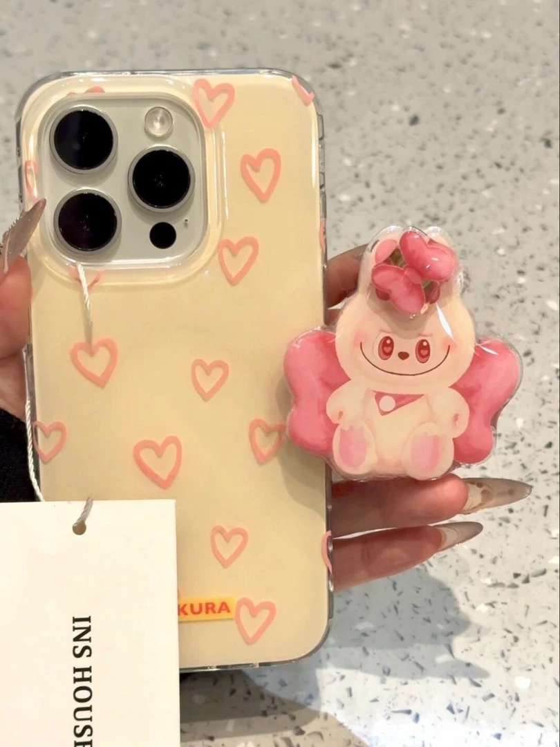卡通粉线条爱心支架适用iPhone16大孔苹果手机壳华为oppo小米vivo