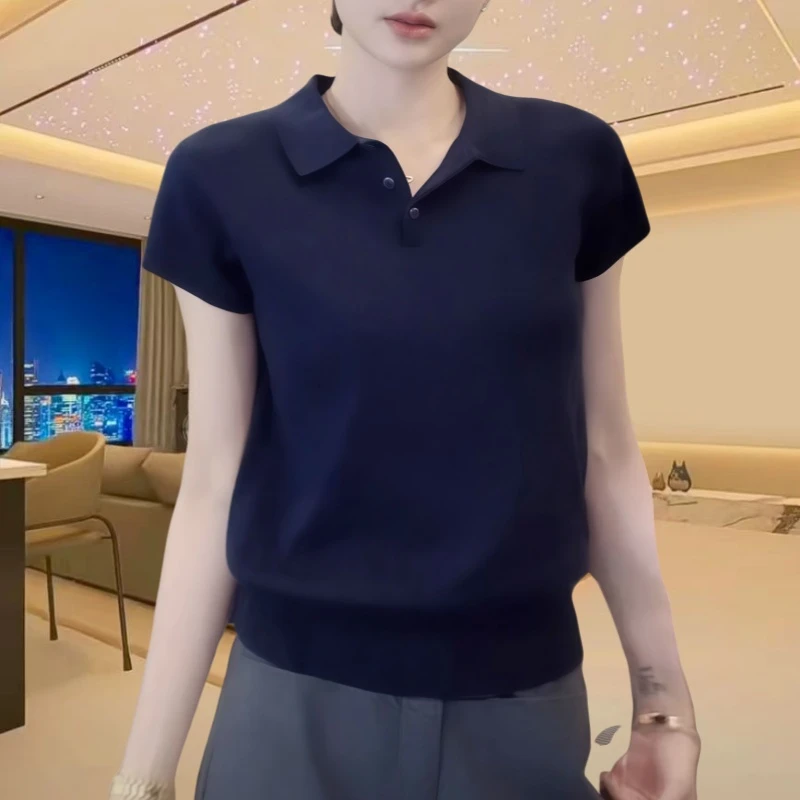 夏季翻领短袖薄款针织衫女套头休闲POLO时尚洋气上衣高档显瘦T恤