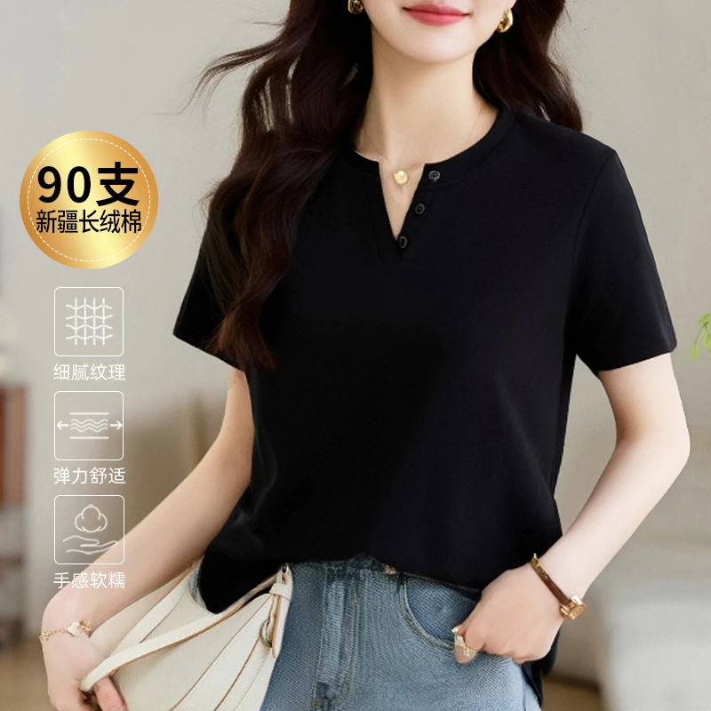正肩亨利领黑色短袖t恤女2025夏季新款气质减龄百搭吸汗透气上衣