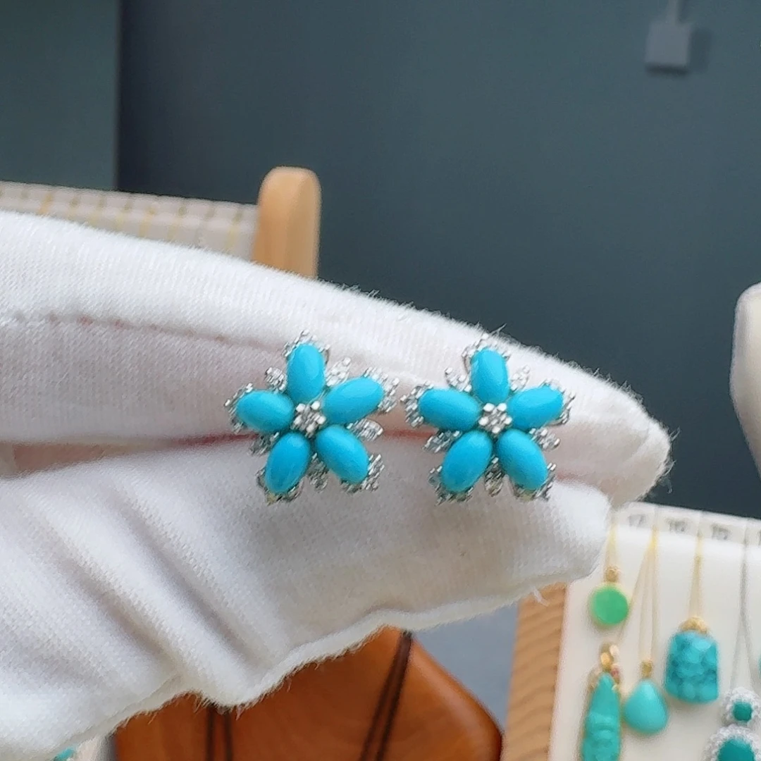 绿松石银S925镶嵌耳饰耳钉