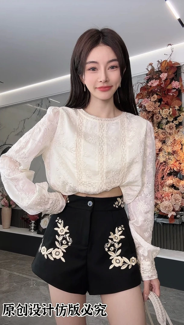 A【磊磊】春季韩系蕾丝提花刺绣法式长袖上衣#987