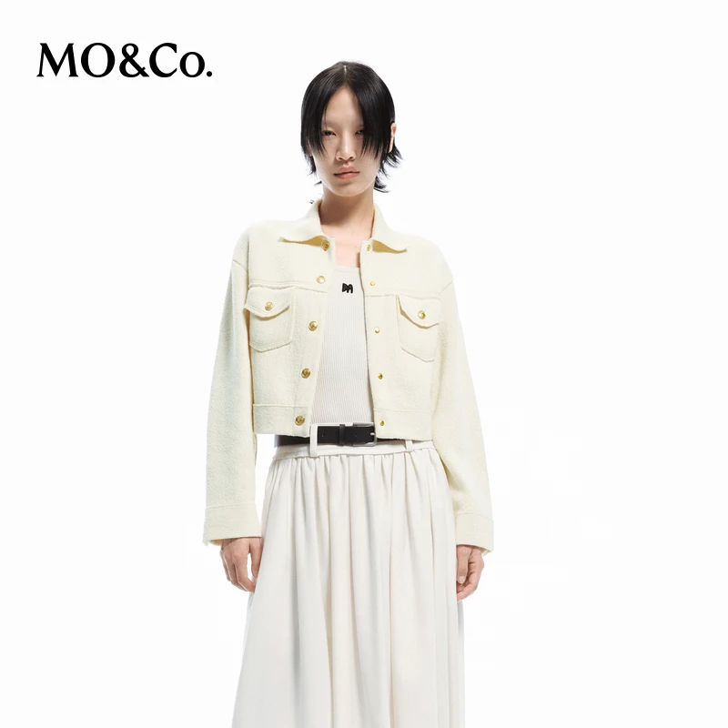 【达人专属】MOCO春复古MC金扣对称袋盖翻领短款毛织外套MBD1CART09