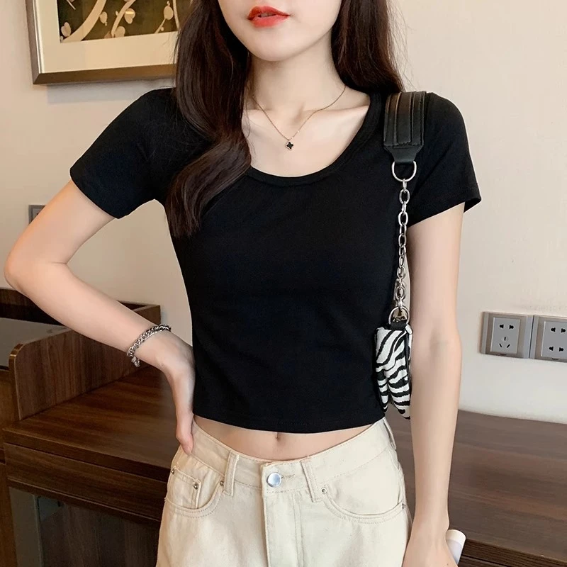 短袖黑色t恤女短款圆领高腰露脐韩版修身2025年夏季新款上衣ins潮