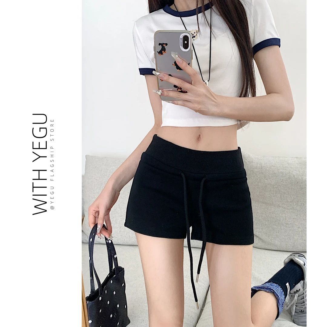 美式黑色运动短裤女夏季薄款松紧腰抽绳直筒裤小个子包臀高腰热裤