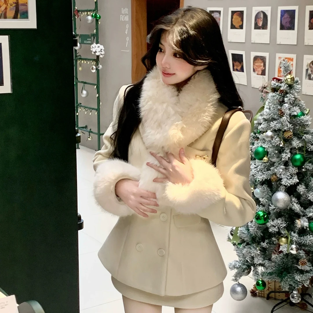 衣只小鹿原创女装千金风小香毛呢套装收腰显瘦夹棉呢子毛毛外套