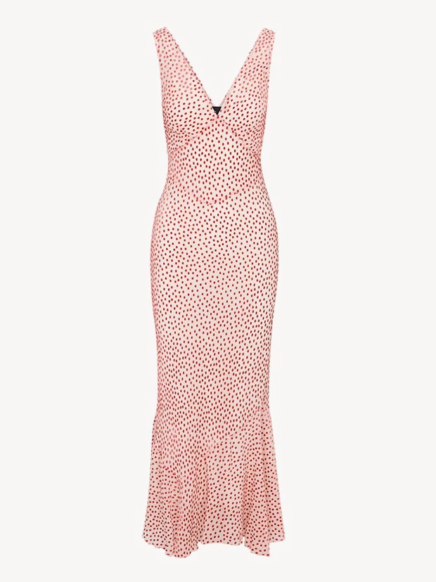 红色植绒波点V领真丝连衣裙