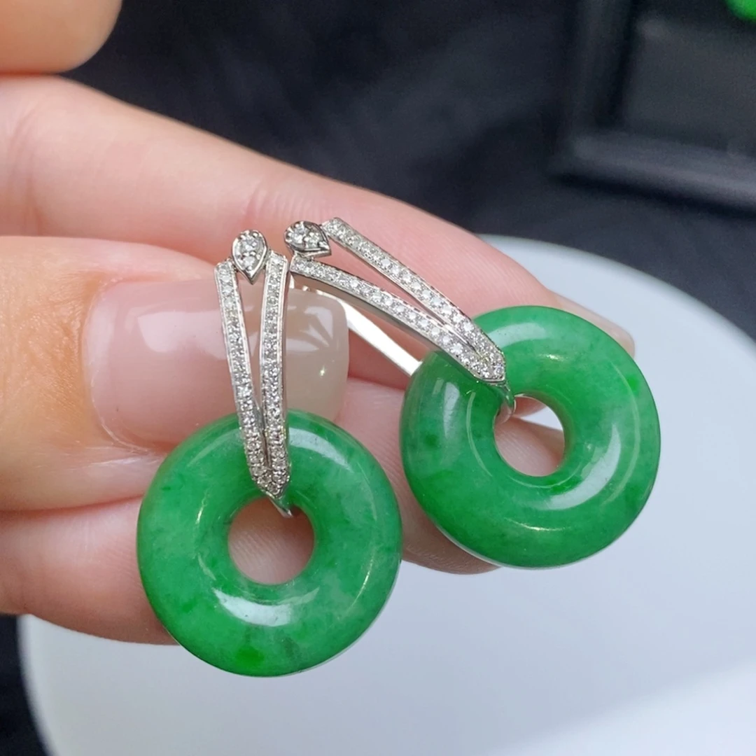 翡翠18K金镶嵌耳饰甜甜圈