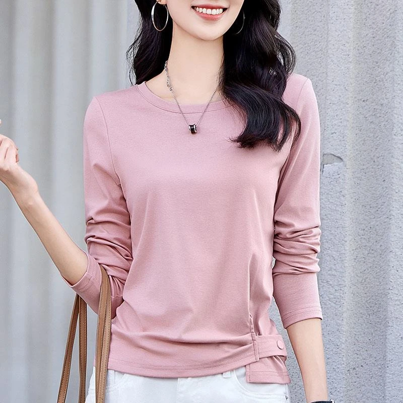粉色圆领长袖T恤女2025春季新款下摆不规则纽扣打底衫设计感上衣