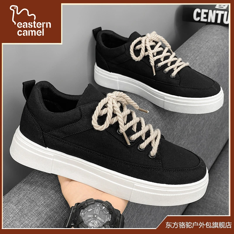 东方骆驼帆布男鞋2025新款冬季时尚百搭休闲板鞋男士黑色运动潮鞋