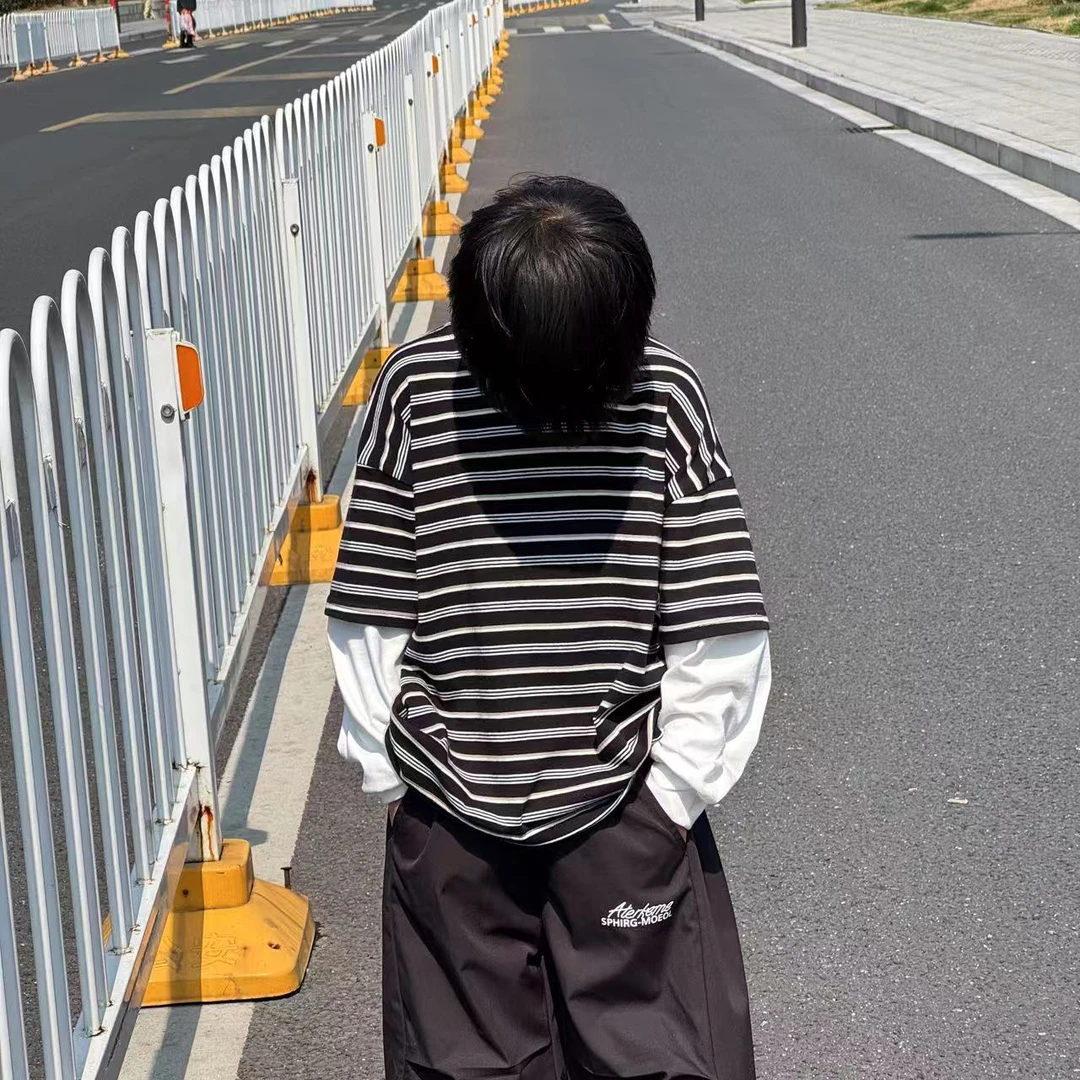 儿童条纹假两件长袖T宽松百搭韩版中大童休闲时尚春款