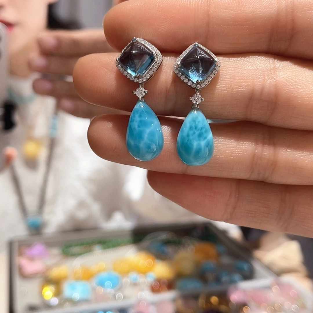 针钠钙石（海纹石）银S925镶嵌耳饰大气款