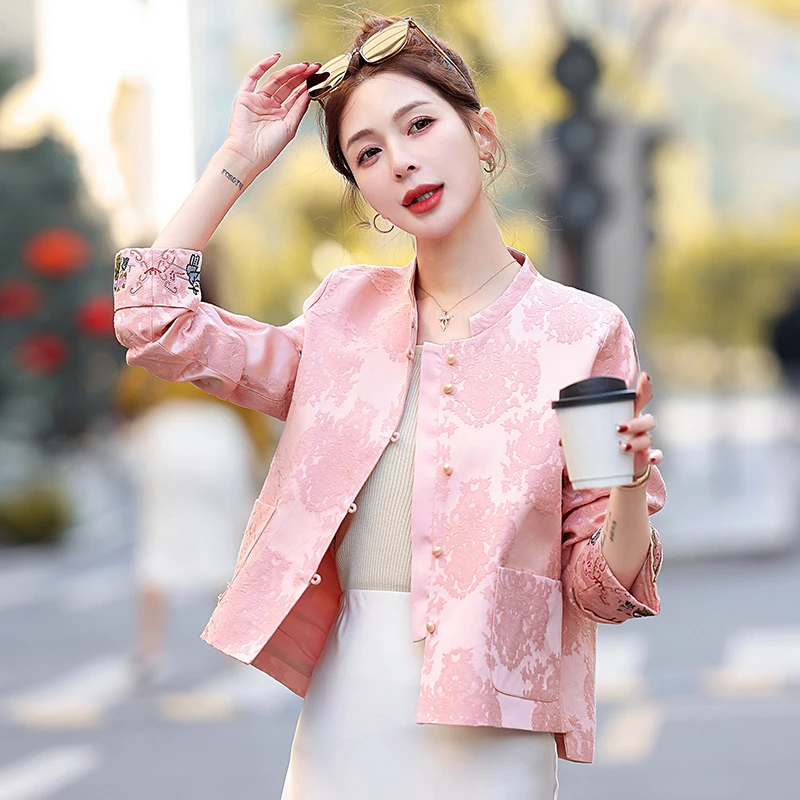 新中式国风提花短外套女2025春季新款复古粉色小个子改良唐装上衣