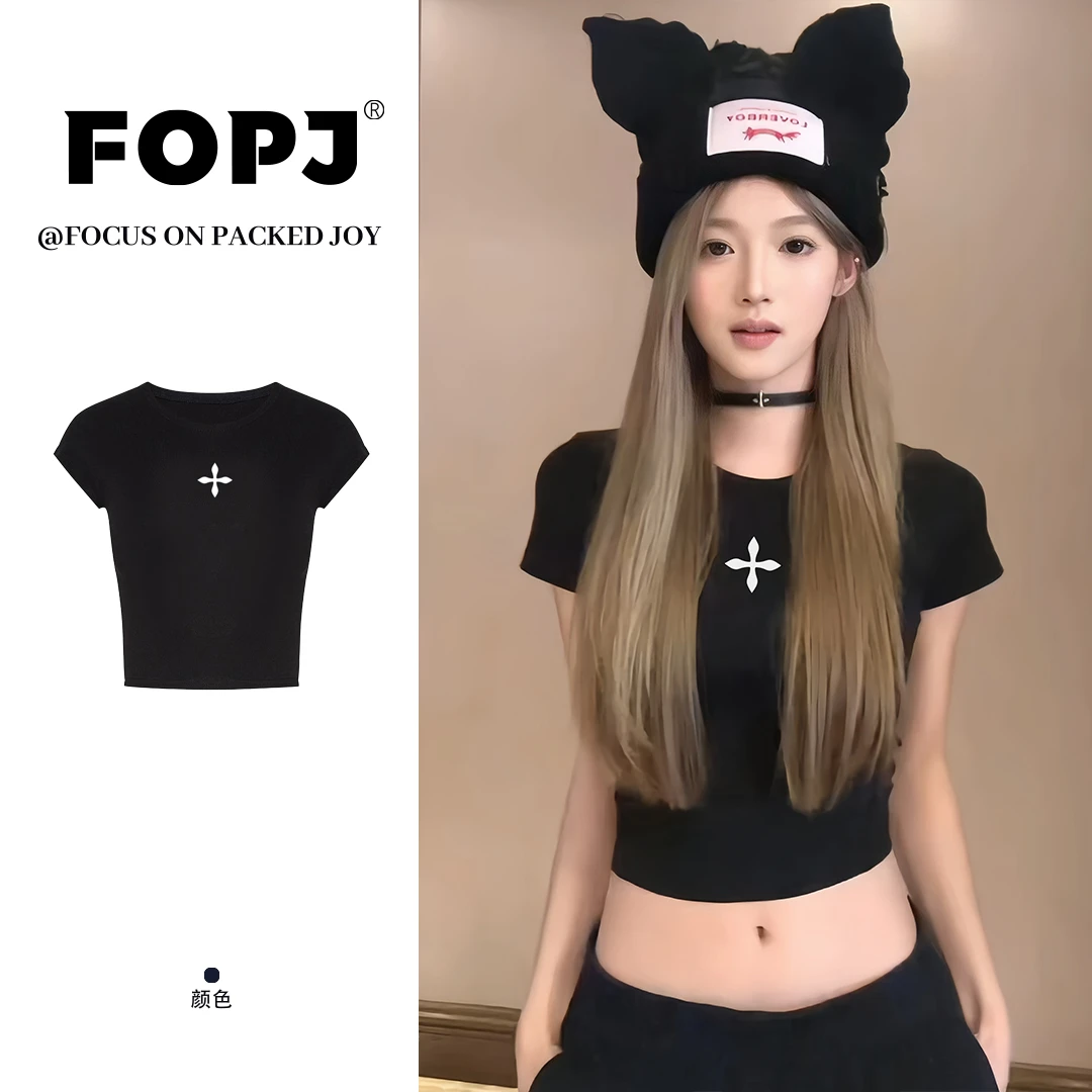 FOPJ美式辣妹设计感露脐黑色短袖t恤女夏季新款修身显瘦短款上衣