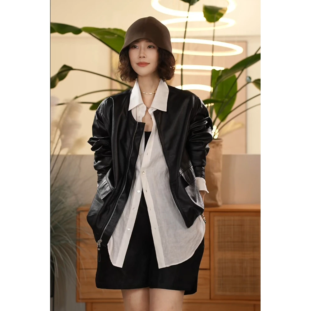 【叭哒不惑】清晨 羊皮圆领植鞣薄款短外套夏季简约皮衣百搭外套