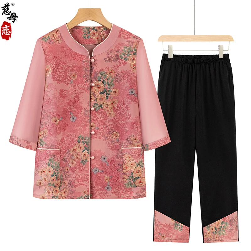 奶奶夏装套装老年人夏女装衬衫洋气中老年妈妈夏季七分袖国风衣服