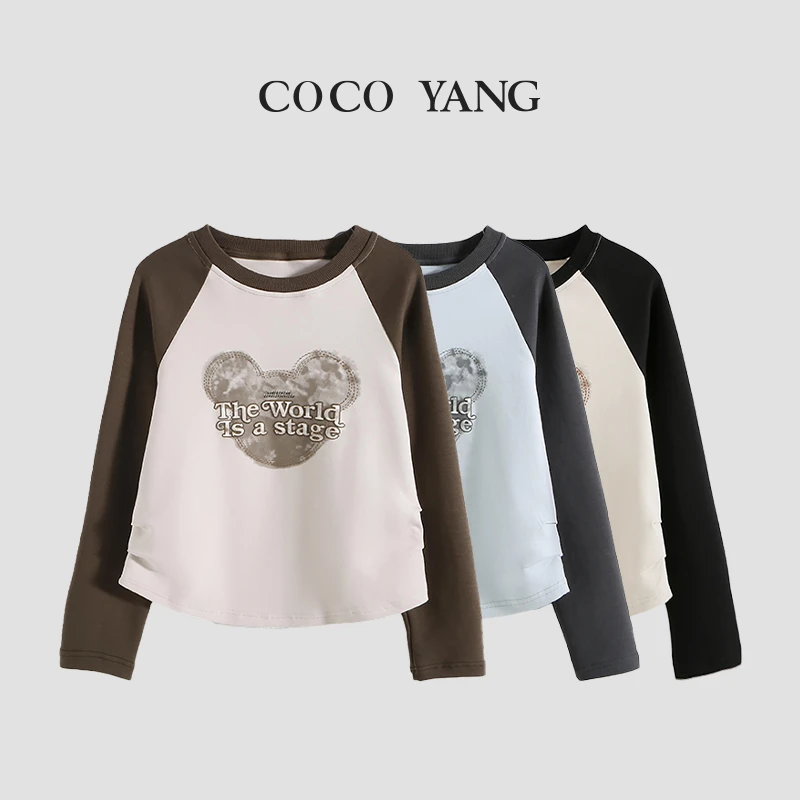 秋冬高品质女童短款圆领长袖秋款拼接休闲百搭中大童T恤-YHA009