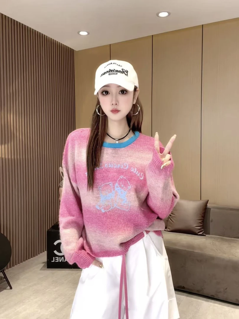 LL9053 渐变撞色圆领软糯毛衣秋季新款多巴胺彩色时尚穿搭上衣